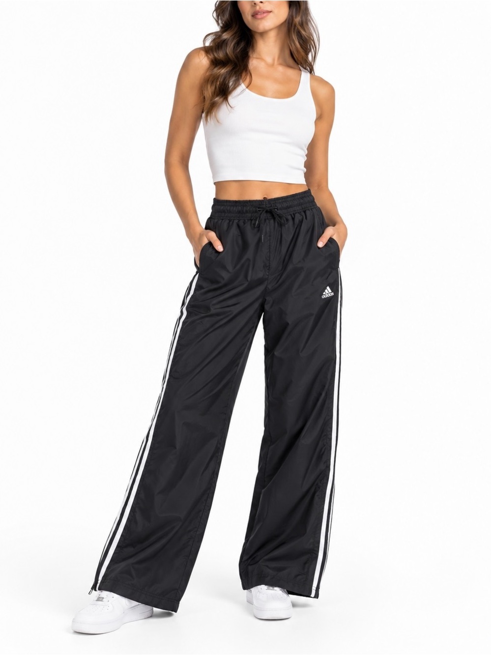 Adidas Women’s Black 3 Stripe Wide Leg Track Pants Windbreaker